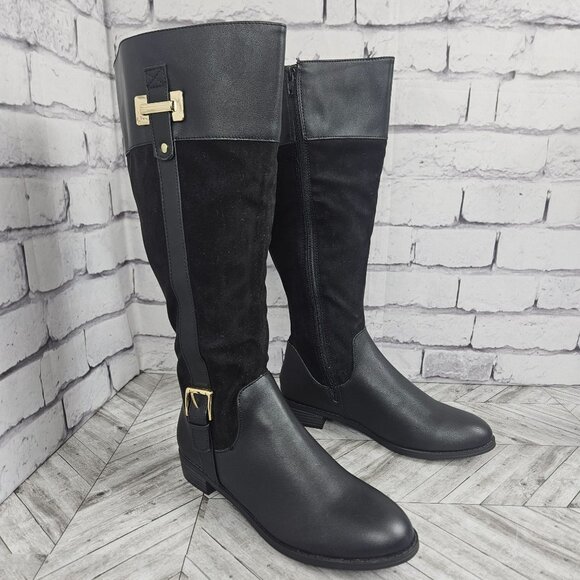 Black Knee High Zipper Boots Womens 8 WC Wide Calf Extended Gold Tone Low Heel - Picture 1 of 16